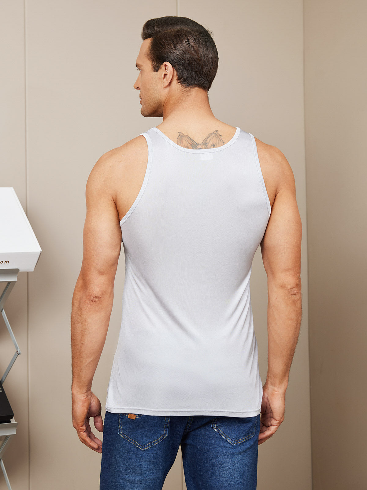[Light Gray] SilkSilky-AU Silk Knitted Sleeveless Round Neck Men's T-Shirt 002