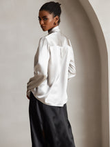 [Light Gray] SilkSilky-AU 19Momme Stretch Silk Charmeuse Long Sleeve Tie Neck Blouse 002