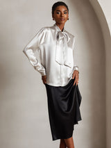 [Light Gray] SilkSilky-AU 19Momme Stretch Silk Charmeuse Long Sleeve Tie Neck Blouse 003