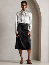 [Light Gray] SilkSilky-AU 19Momme Stretch Silk Charmeuse Long Sleeve Tie Neck Blouse 006