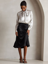 [Light Gray] SilkSilky-AU 19Momme Stretch Silk Charmeuse Long Sleeve Tie Neck Blouse 007