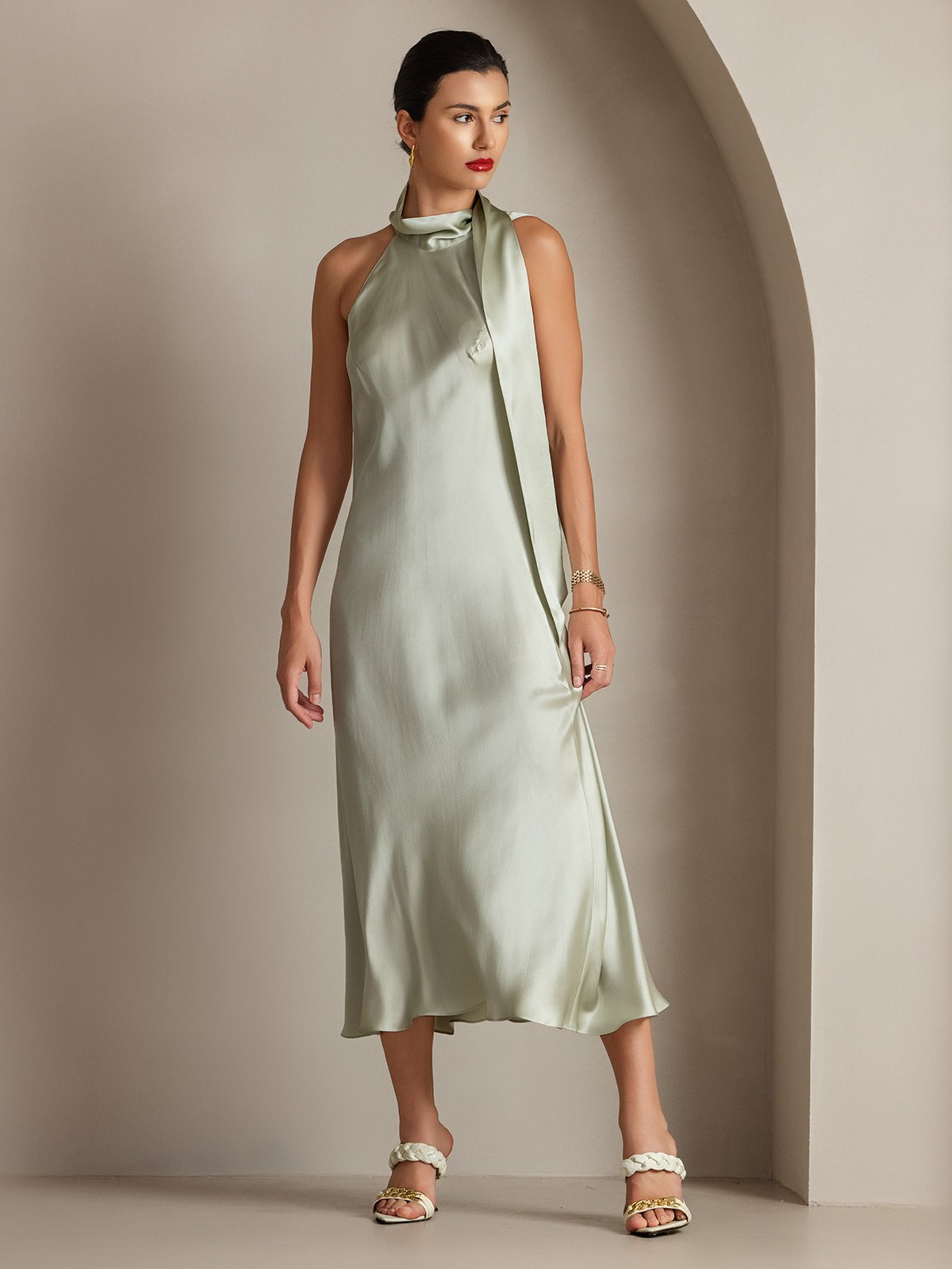 [Light Green] SilkSilky-AU 19Momme Silk Sleeveless Tie Neck Dress 004