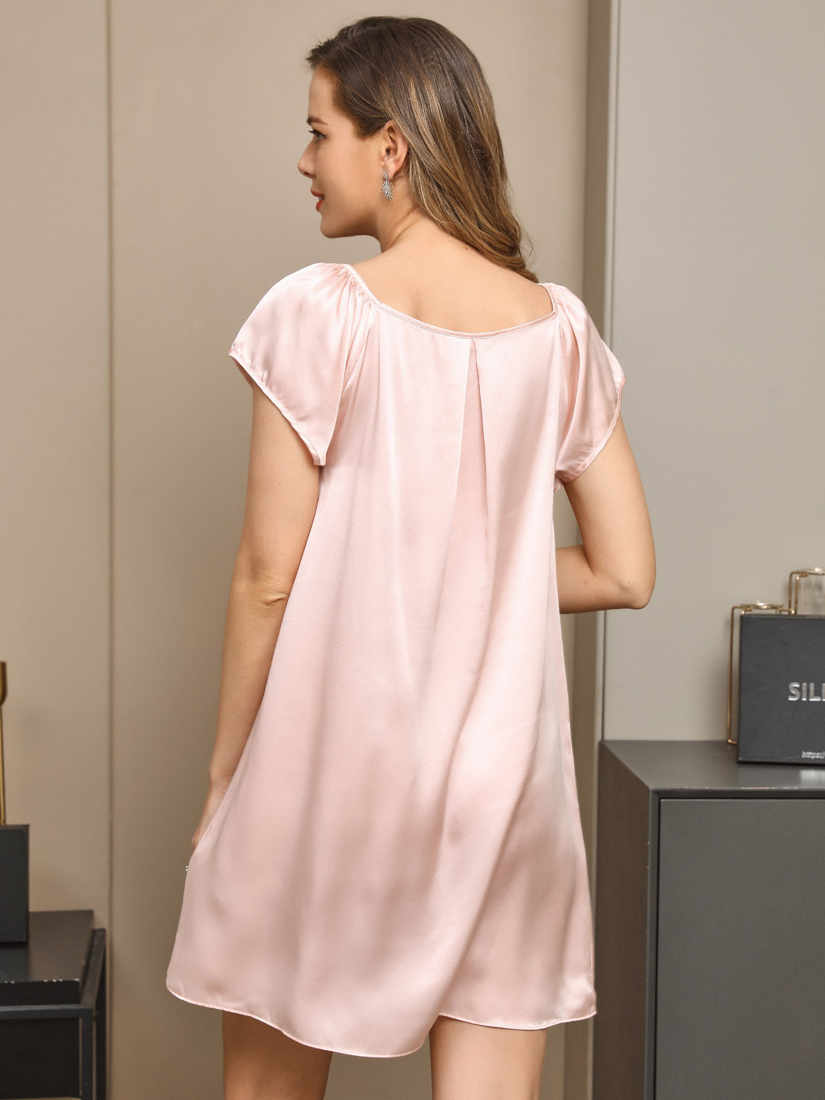 [Light Pink] SilkSilky-AU Pure Silk Cap Sleeve Tie Neck Nightgown 002
