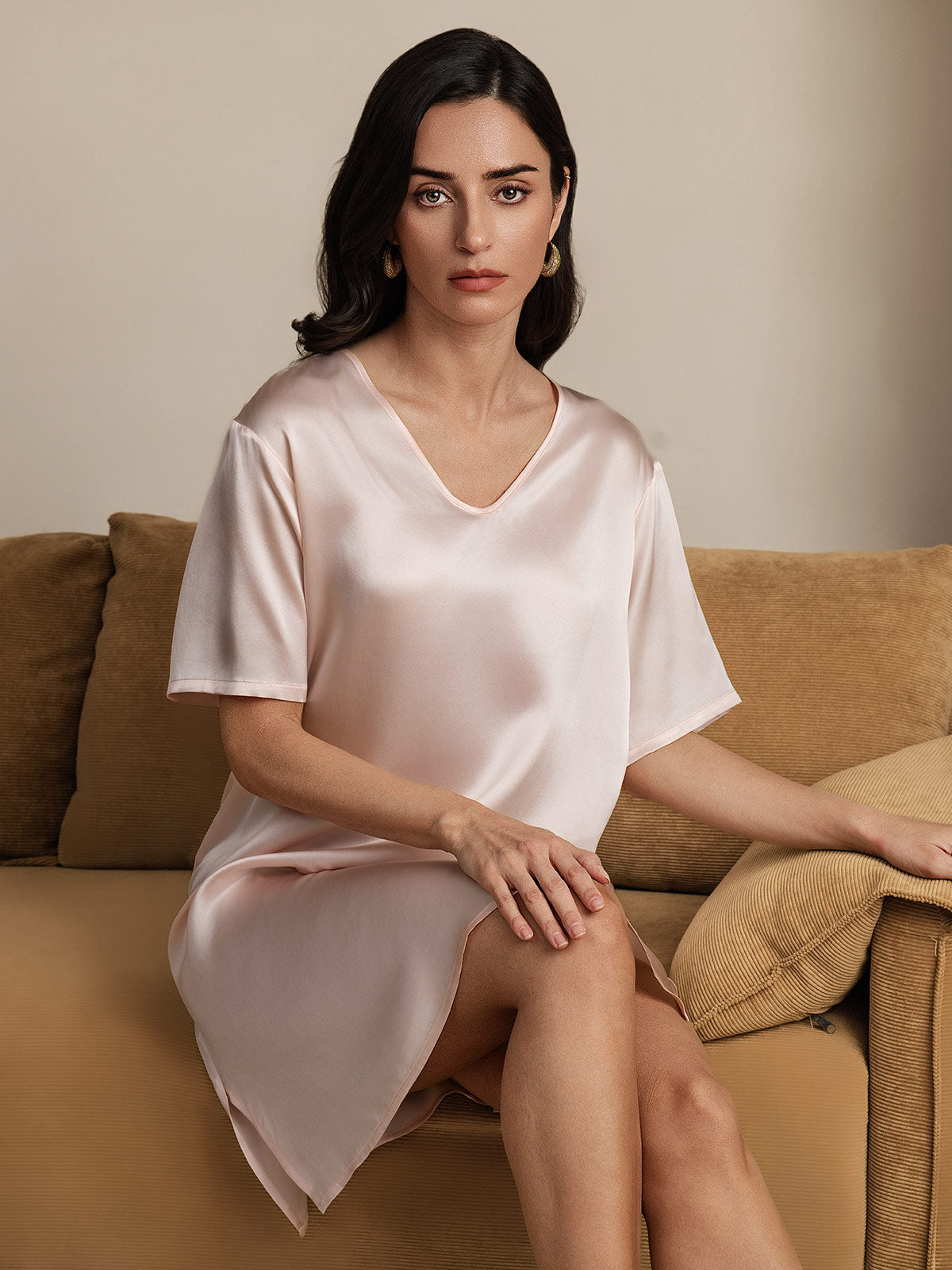 [Light Pink] SilkSilky-AU Pure Silk V Neck Nightgown 006