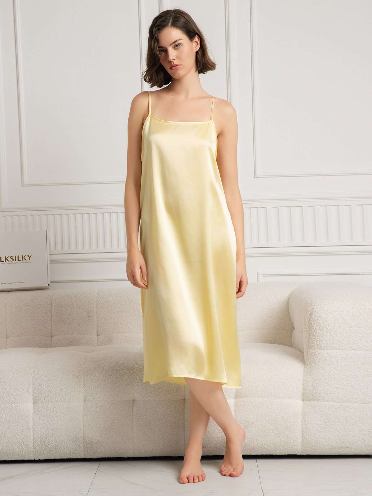 [Light Yellow] SilkSilky-AU 19Momme Silk Sleeveless Dress 001