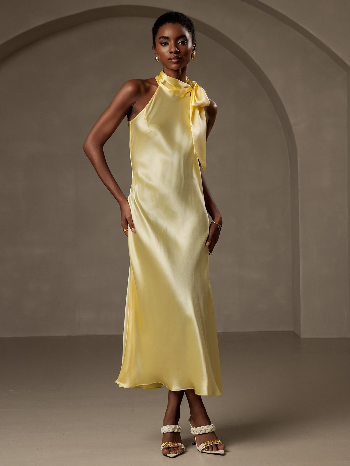 [Light Yellow] SilkSilky-AU 19Momme Silk Sleeveless Tie Neck Dress 001