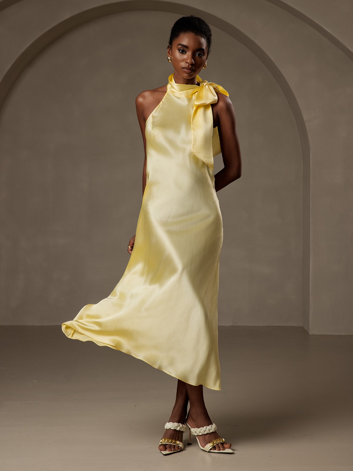 [Light Yellow] SilkSilky-AU 19Momme Silk Sleeveless Tie Neck Dress 005