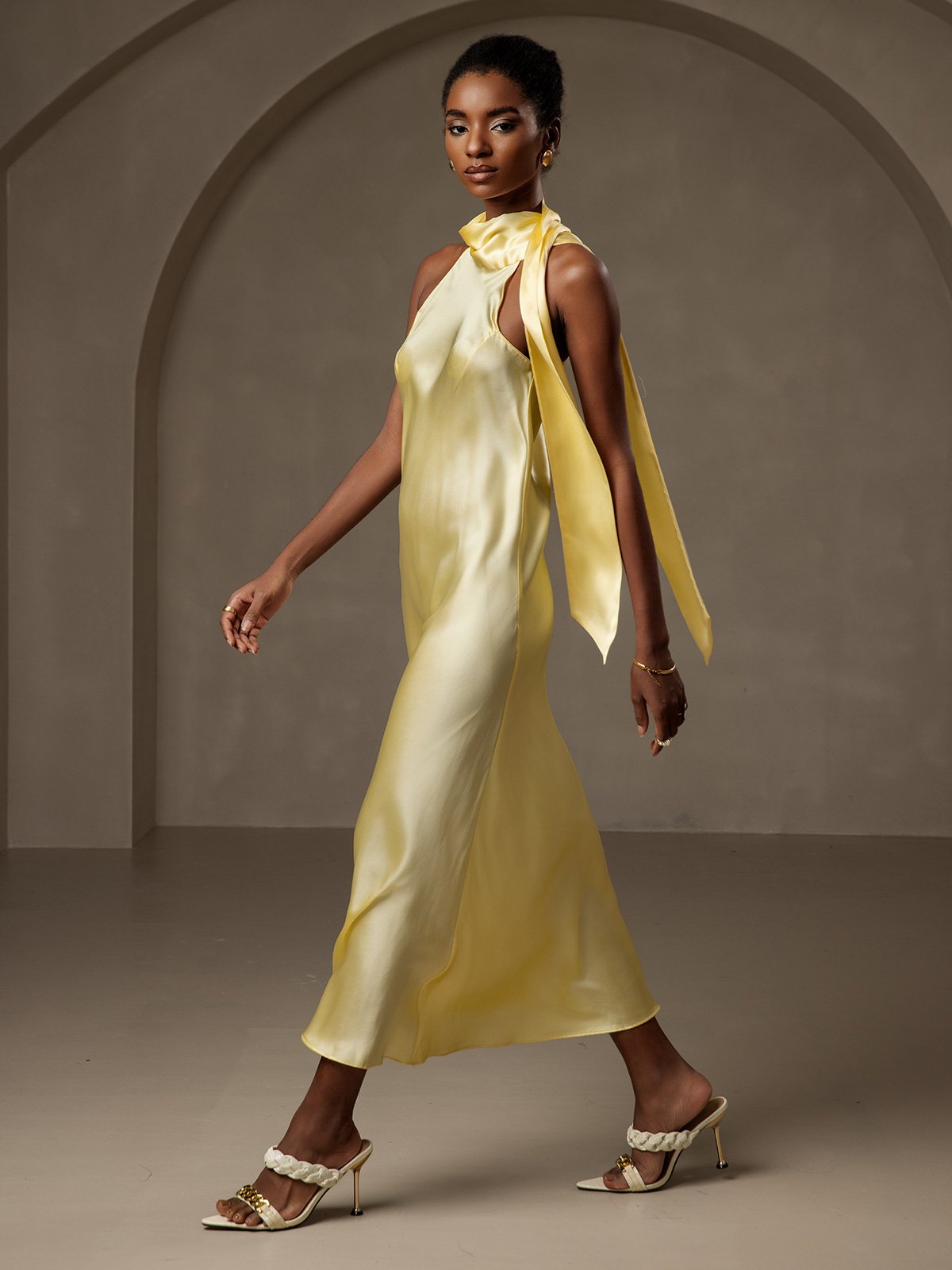 [Light Yellow] SilkSilky-AU 19Momme Silk Sleeveless Tie Neck Dress 006