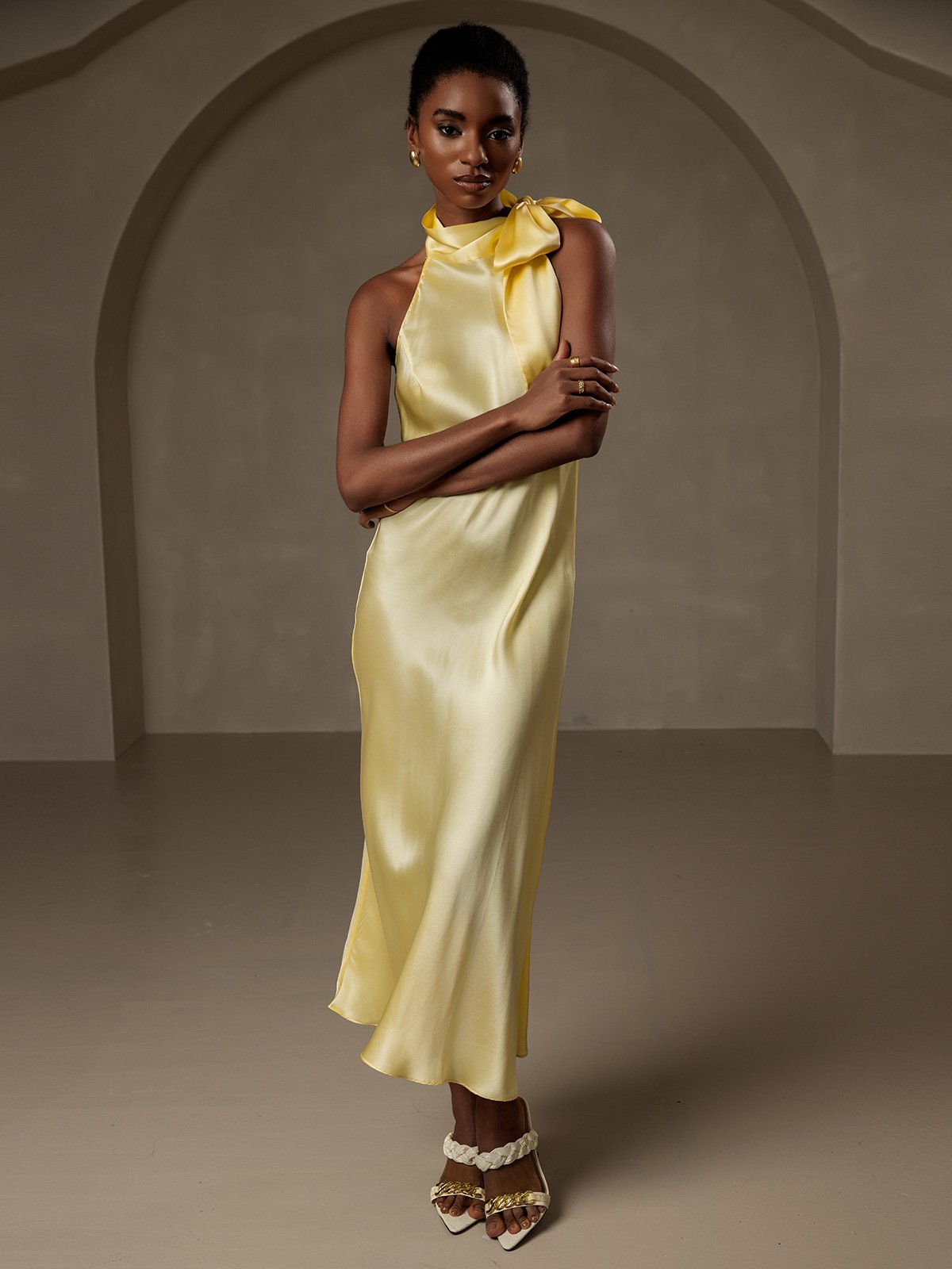 [Light Yellow] SilkSilky-AU 19Momme Silk Sleeveless Tie Neck Dress 007