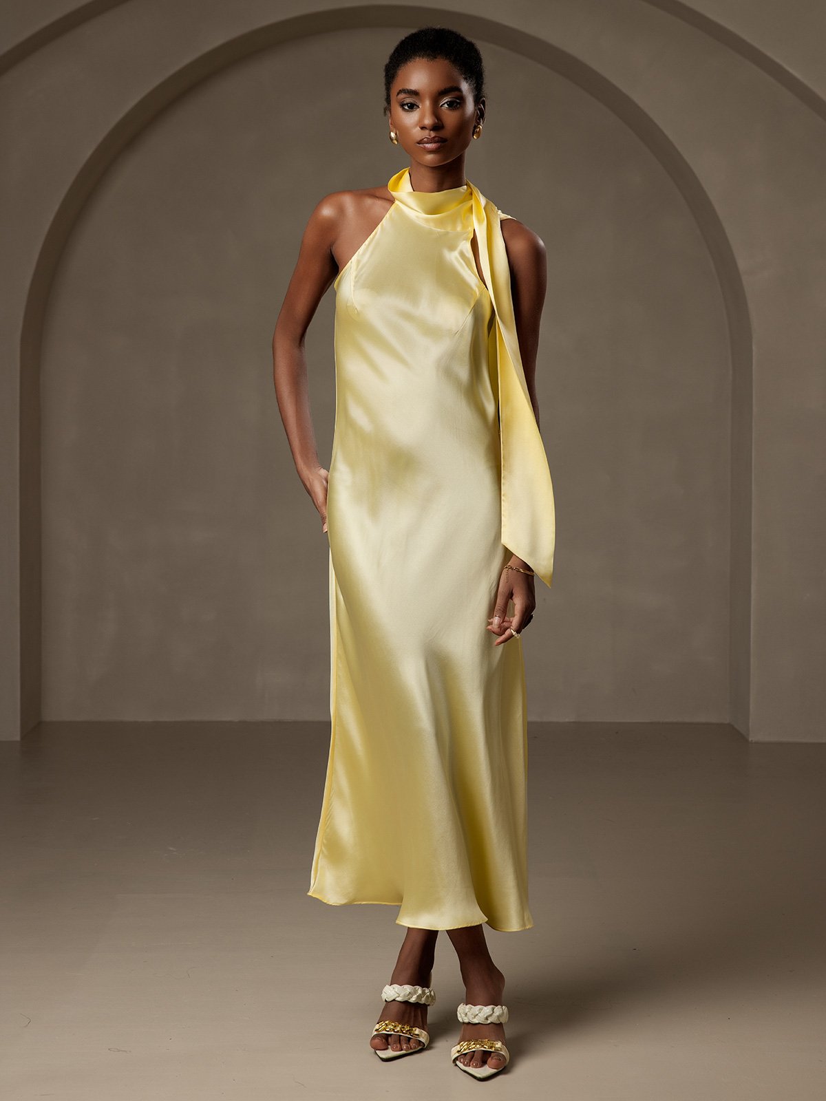 [Light Yellow] SilkSilky-AU 19Momme Silk Sleeveless Tie Neck Dress 008