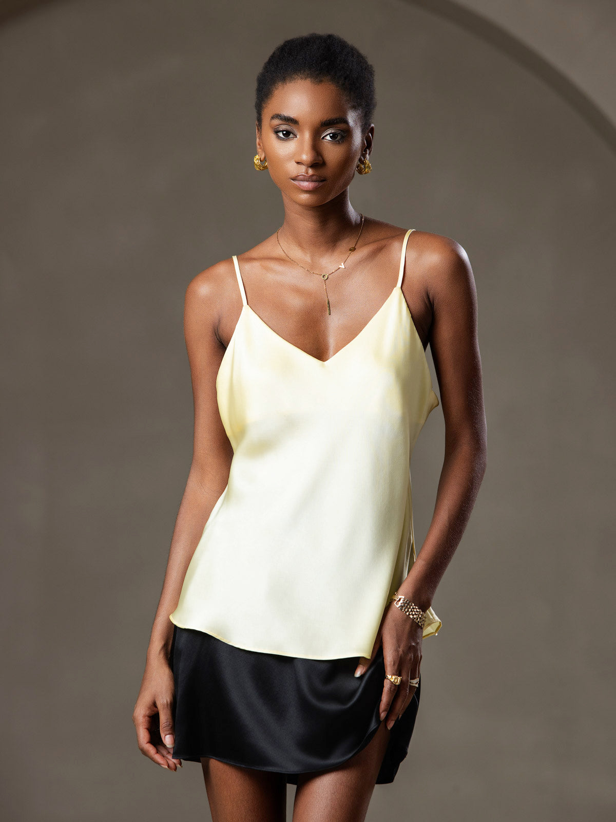 [Light Yellow] SilkSilky-AU Pure Silk V Neck Camisole 001