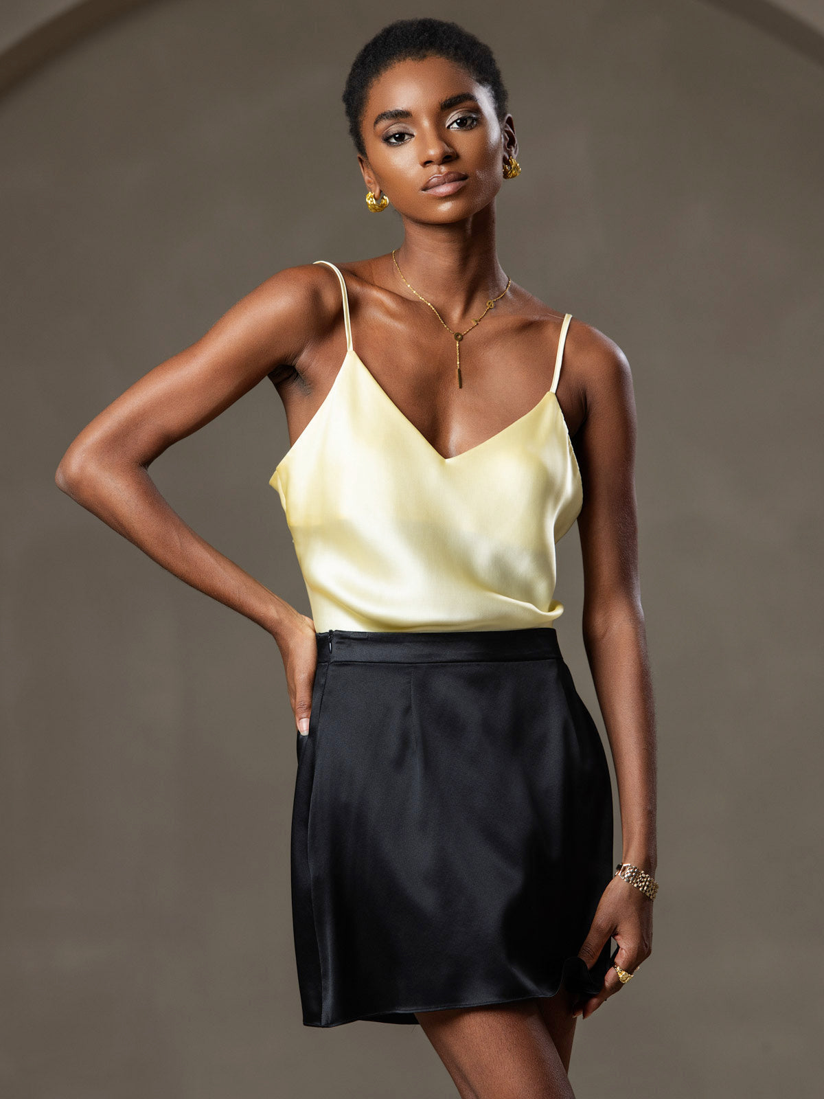 [Light Yellow] SilkSilky-AU Pure Silk V Neck Camisole 003