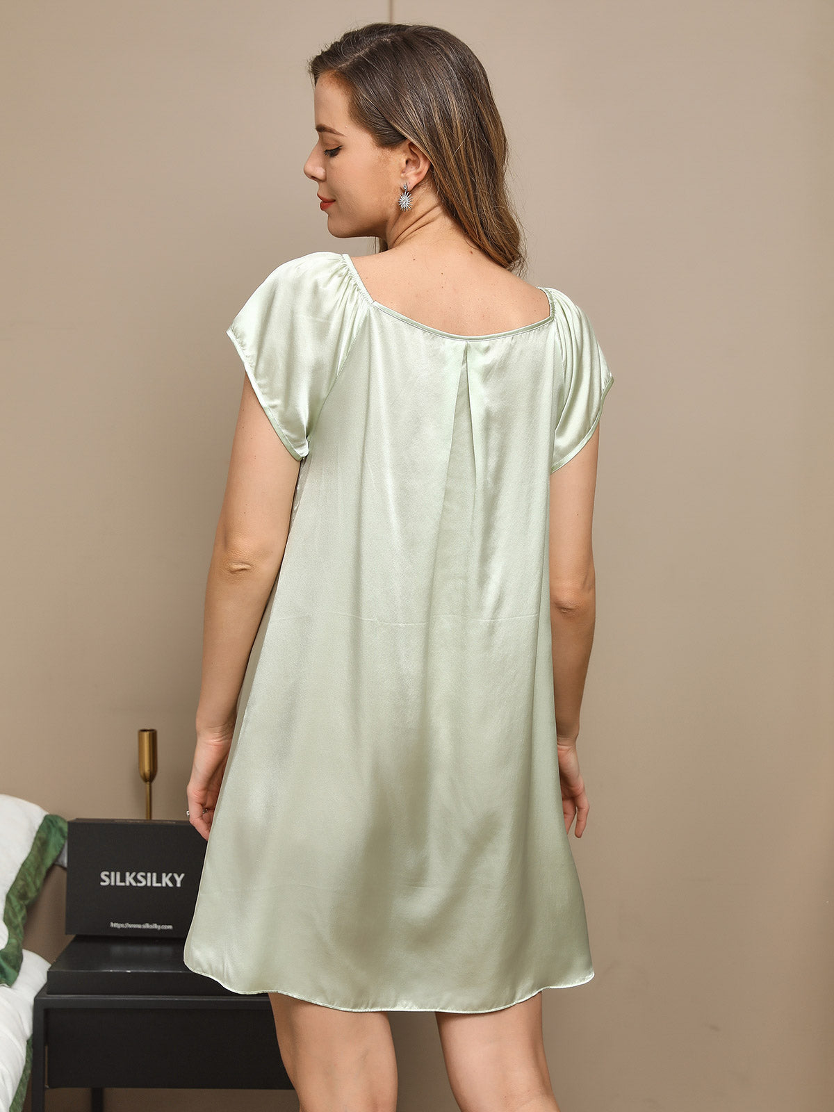 [Mint Green] SilkSilky-AU Pure Silk Cap Sleeve Tie Neck Nightgown 002