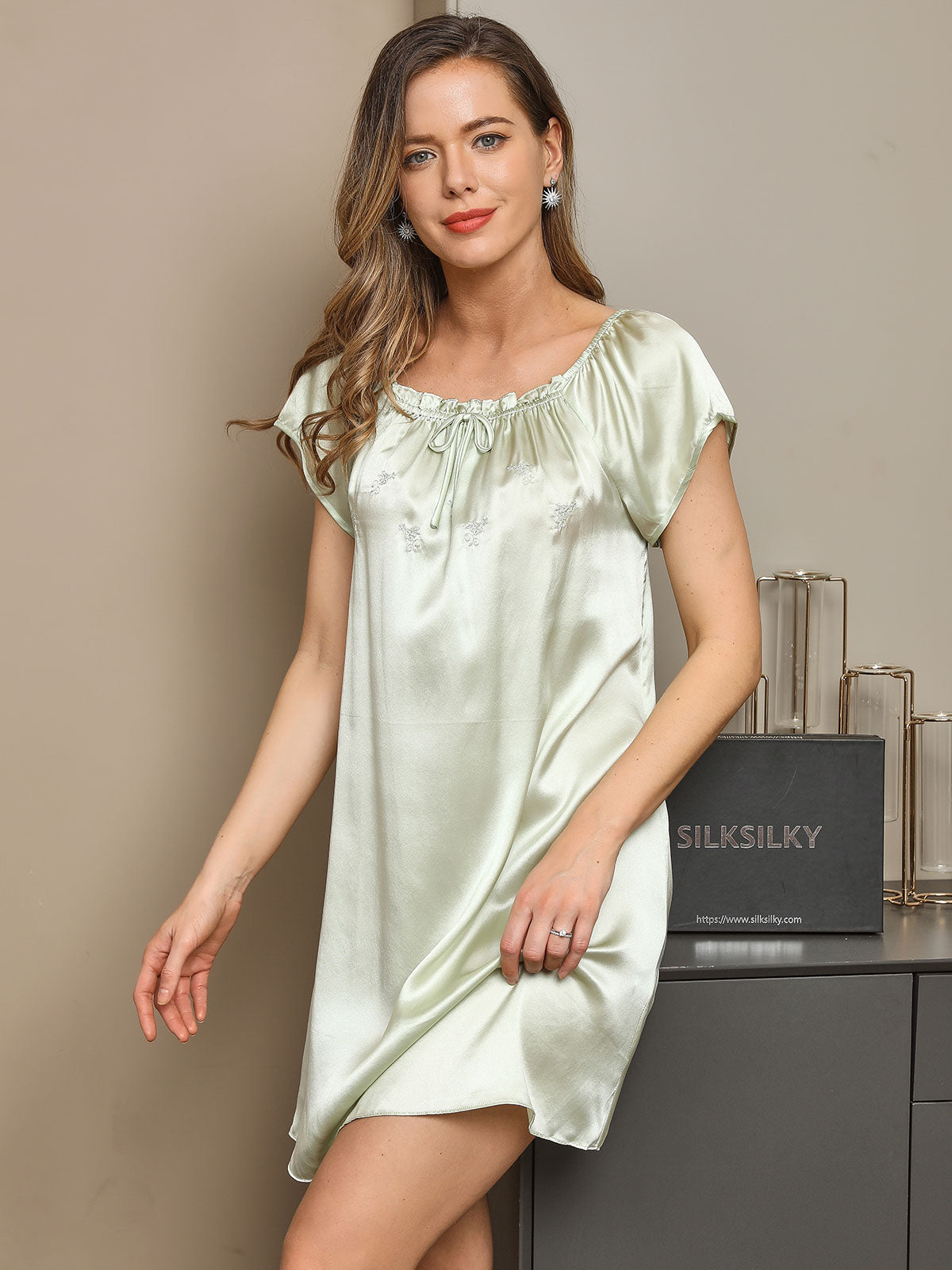 [Mint Green] SilkSilky-AU Pure Silk Cap Sleeve Tie Neck Nightgown 004