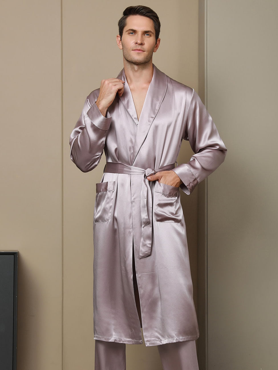 [Pale Mauve] SilkSilky-AU 19Momme Pure Silk Long Sleeve Lapel Men's Dressing Gown 001