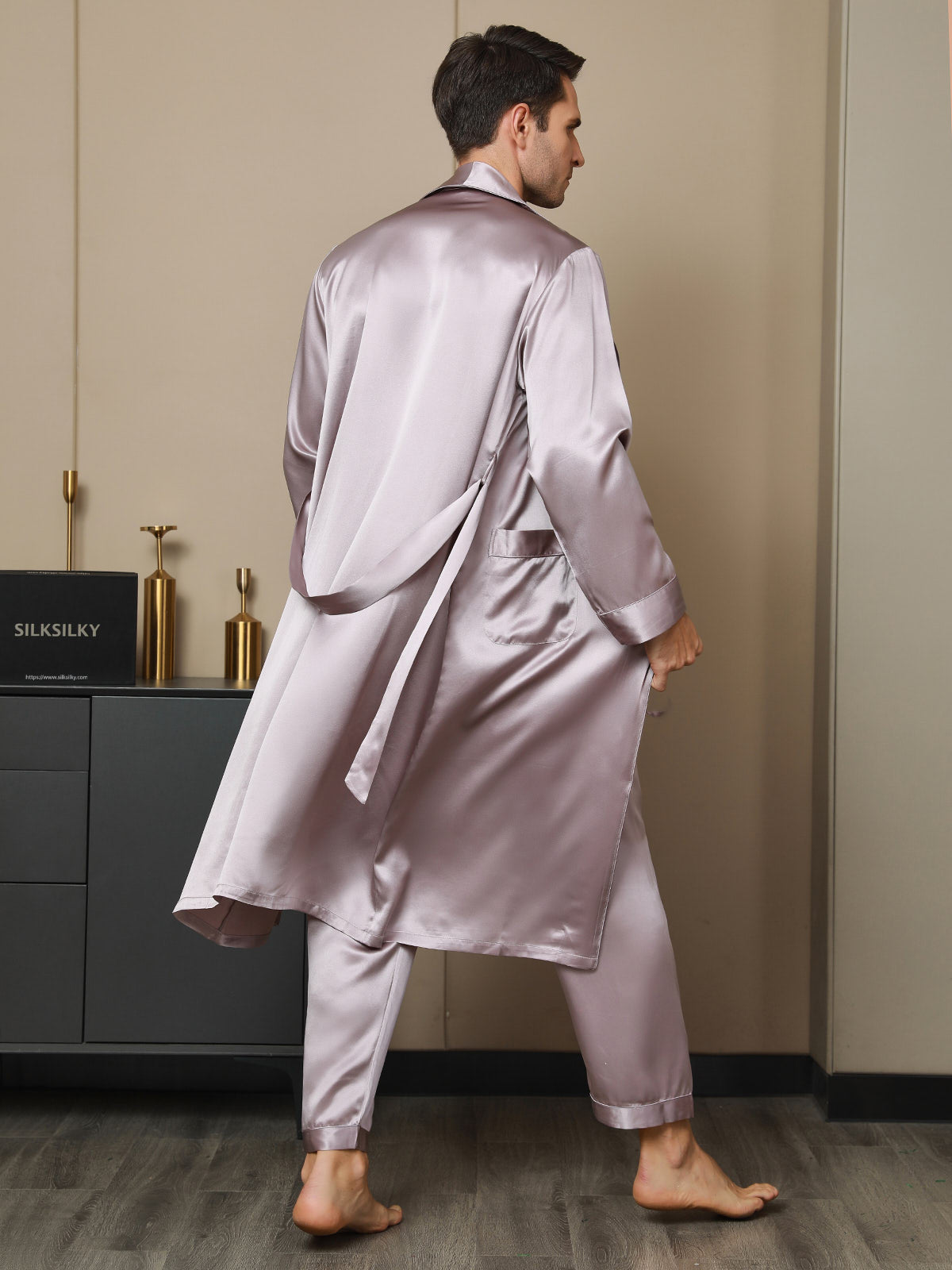 [Pale Mauve] SilkSilky-AU 19Momme Pure Silk Long Sleeve Lapel Men's Dressing Gown 002