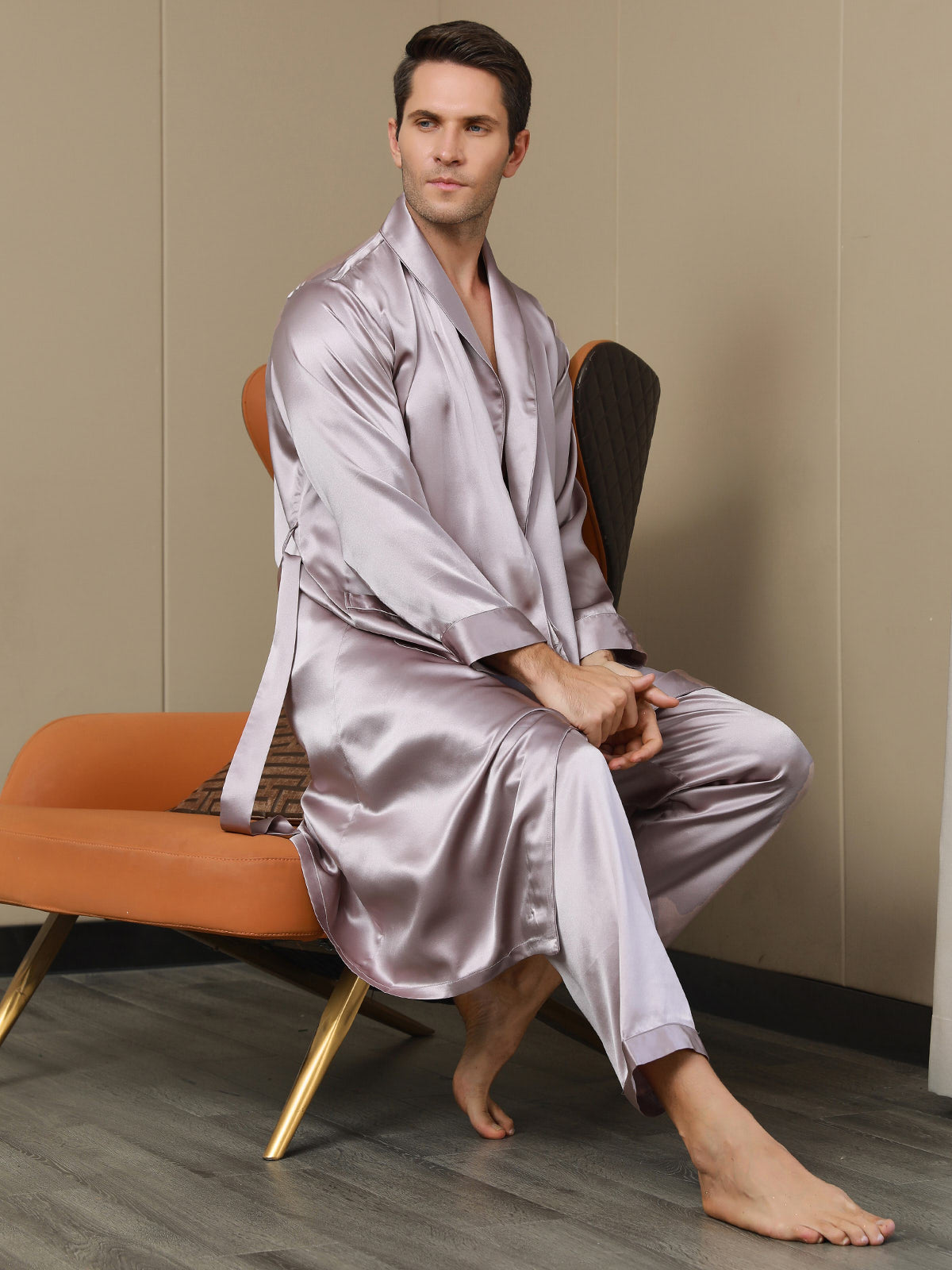 [Pale Mauve] SilkSilky-AU 19Momme Pure Silk Long Sleeve Lapel Men's Dressing Gown 003