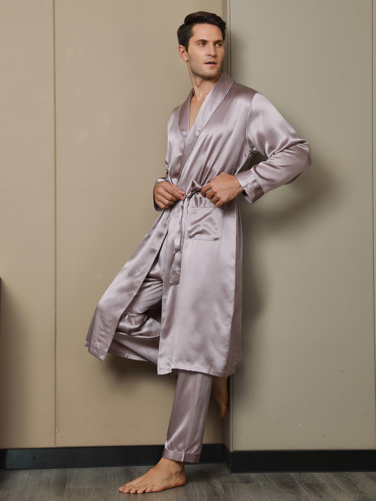 [Pale Mauve] SilkSilky-AU 19Momme Pure Silk Long Sleeve Lapel Men's Dressing Gown 006