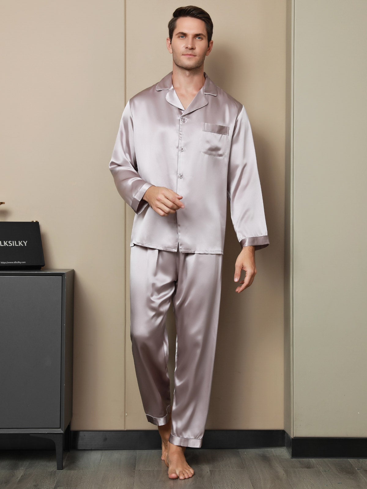 [Pale Mauve] SilkSilky-AU 19Momme Pure Silk Long Sleeve Lapel Men's Pyjamas 001
