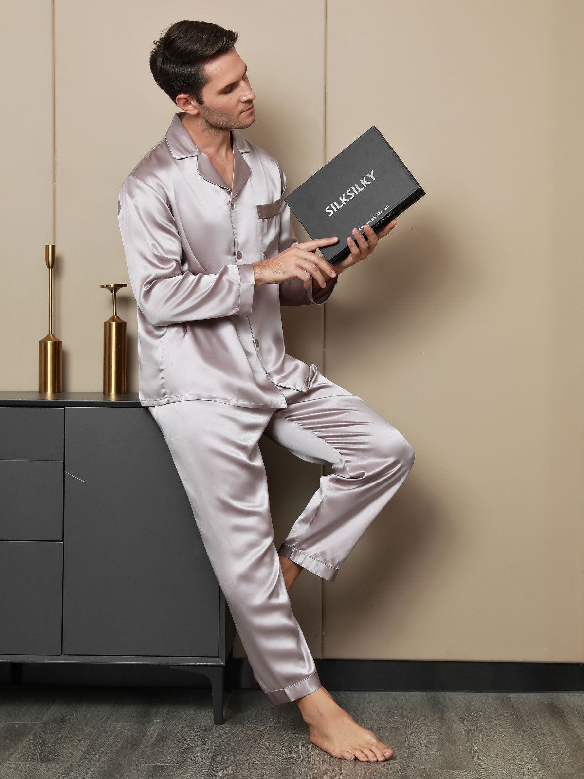[Pale Mauve] SilkSilky-AU 19Momme Pure Silk Long Sleeve Lapel Men's Pyjamas 003