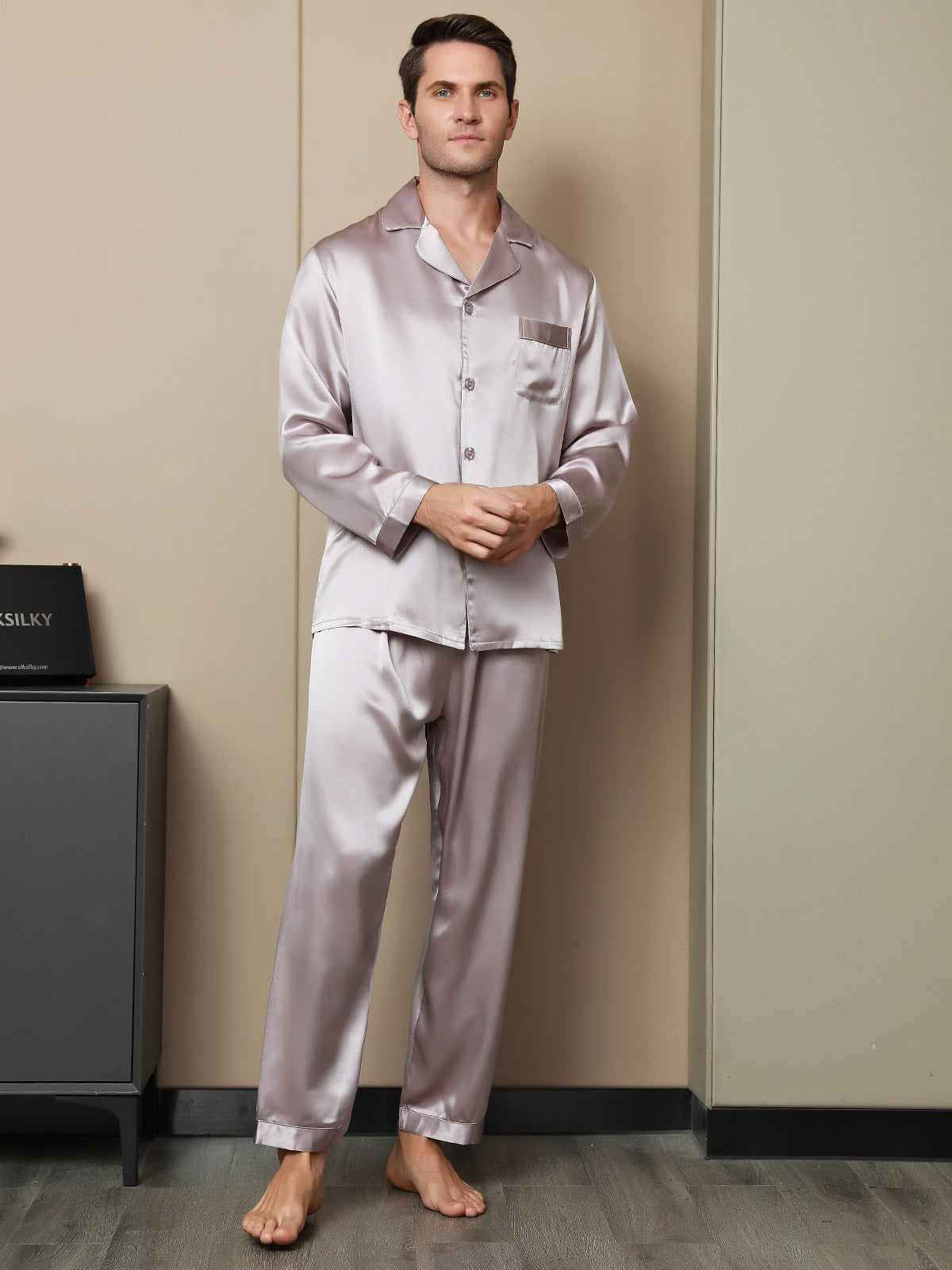 [Pale Mauve] SilkSilky-AU 19Momme Pure Silk Long Sleeve Lapel Men's Pyjamas 004