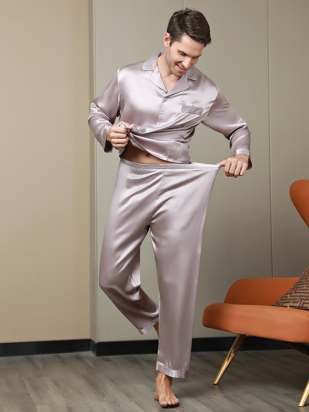 [Pale Mauve] SilkSilky-AU 19Momme Pure Silk Long Sleeve Lapel Men's Pyjamas 007