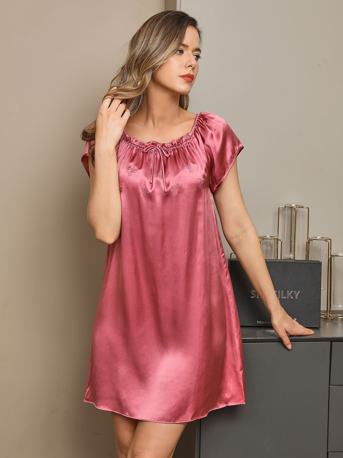 [Pale Mauve] SilkSilky-AU Pure Silk Cap Sleeve Tie Neck Nightgown 001