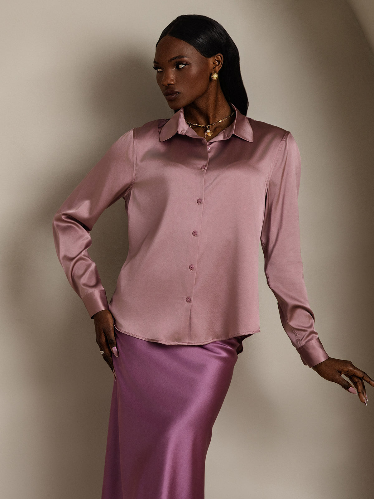 [Pale Mauve] SilkSilky-AU Silk Long Sleeve Collar Women's Shirt 004