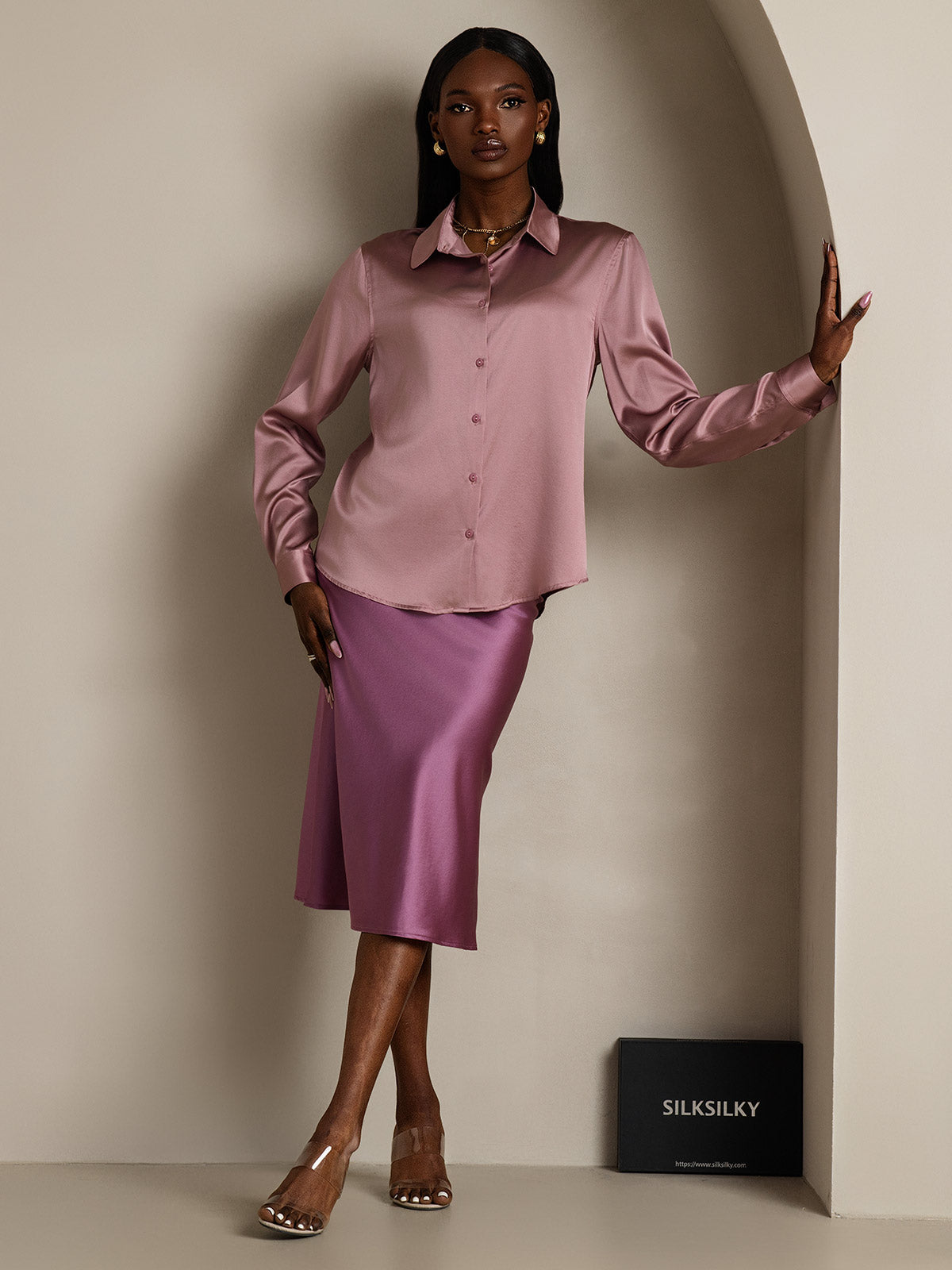[Pale Mauve] SilkSilky-AU Silk Long Sleeve Collar Women's Shirt 007