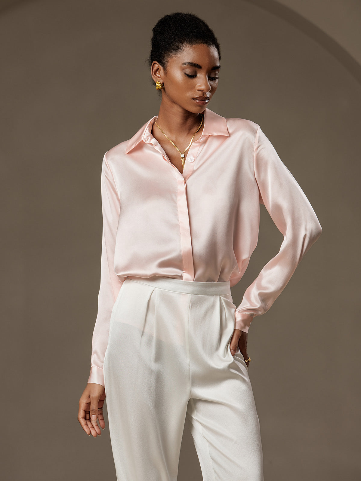 [Pink] SilkSilky-AU 19Momme Silk Lapel Collar Women's Shirt 001