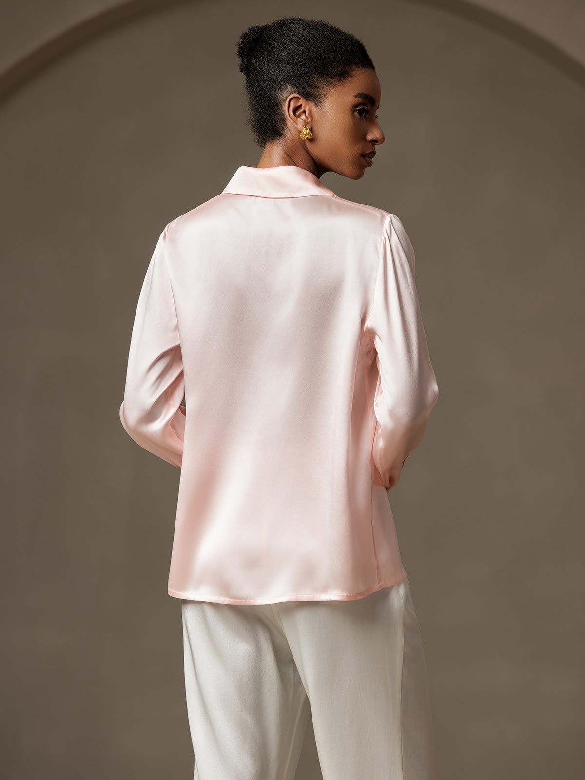 [Pink] SilkSilky-AU 19Momme Silk Lapel Collar Women's Shirt 002