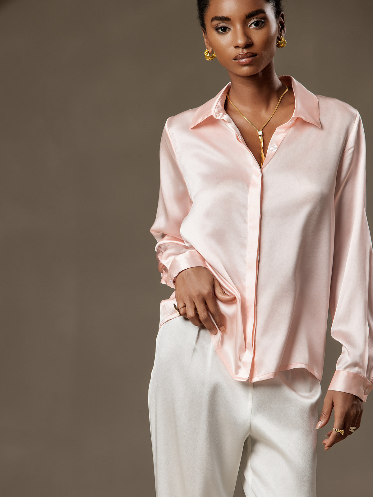 [Pink] SilkSilky-AU 19Momme Silk Lapel Collar Women's Shirt 003