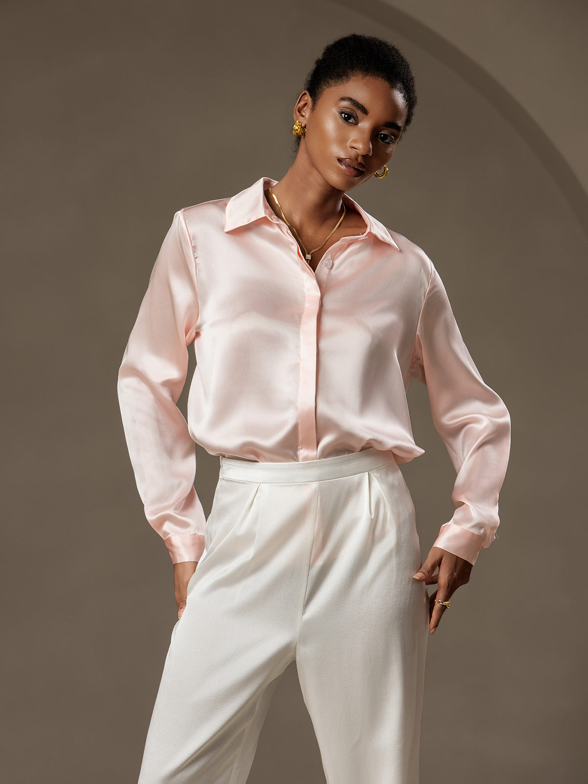 [Pink] SilkSilky-AU 19Momme Silk Lapel Collar Women's Shirt 004