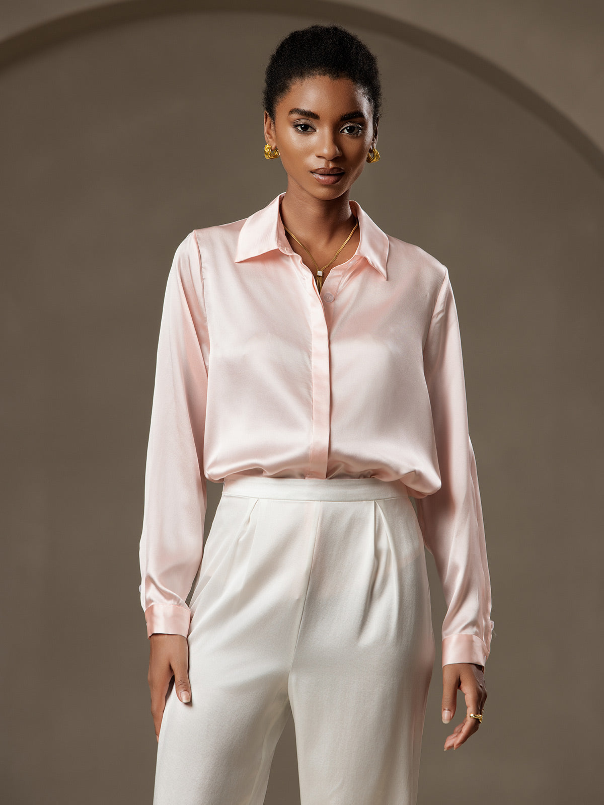 [Pink] SilkSilky-AU 19Momme Silk Lapel Collar Women's Shirt 005
