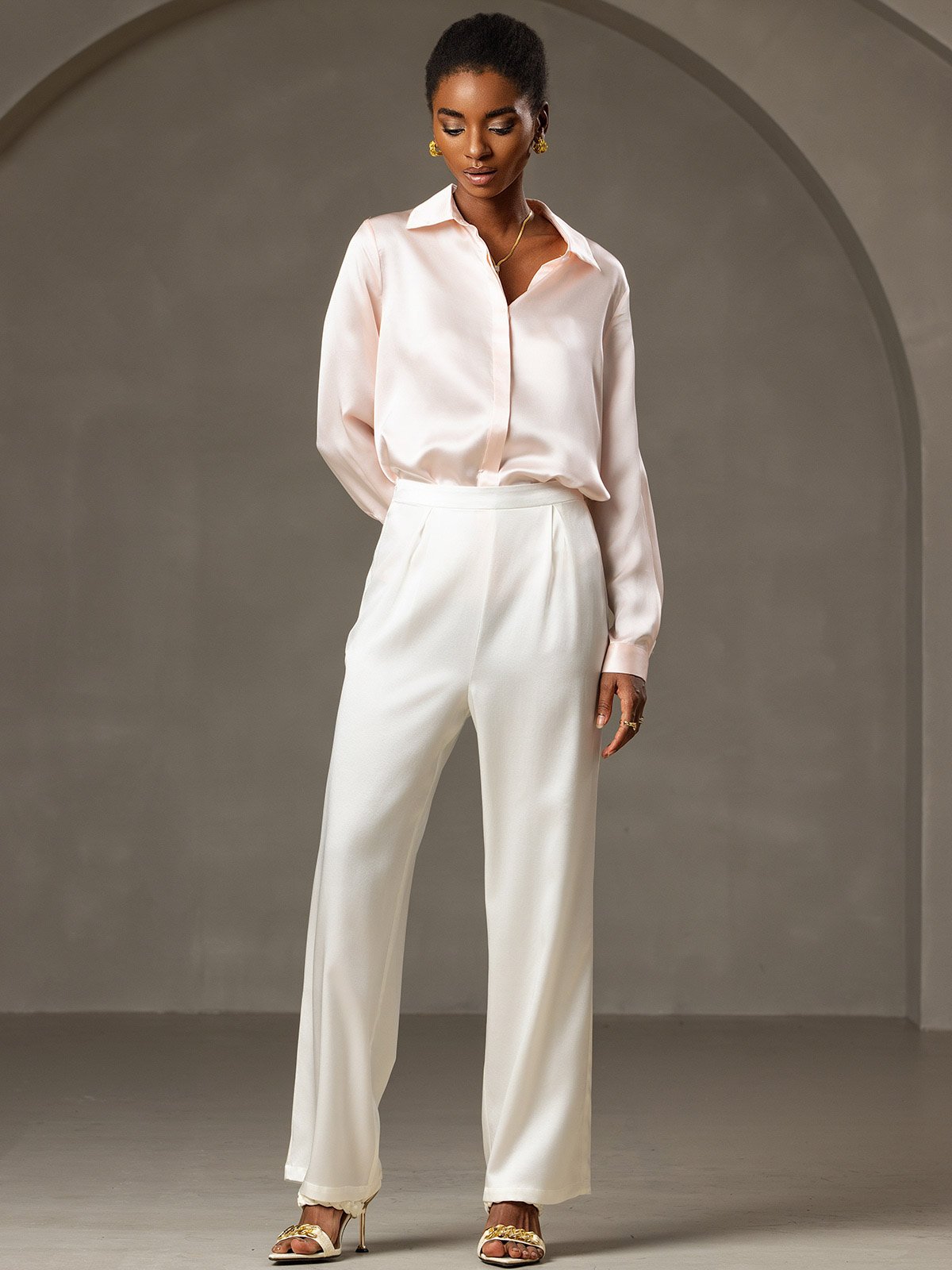 [Pink] SilkSilky-AU 19Momme Silk Lapel Collar Women's Shirt 006