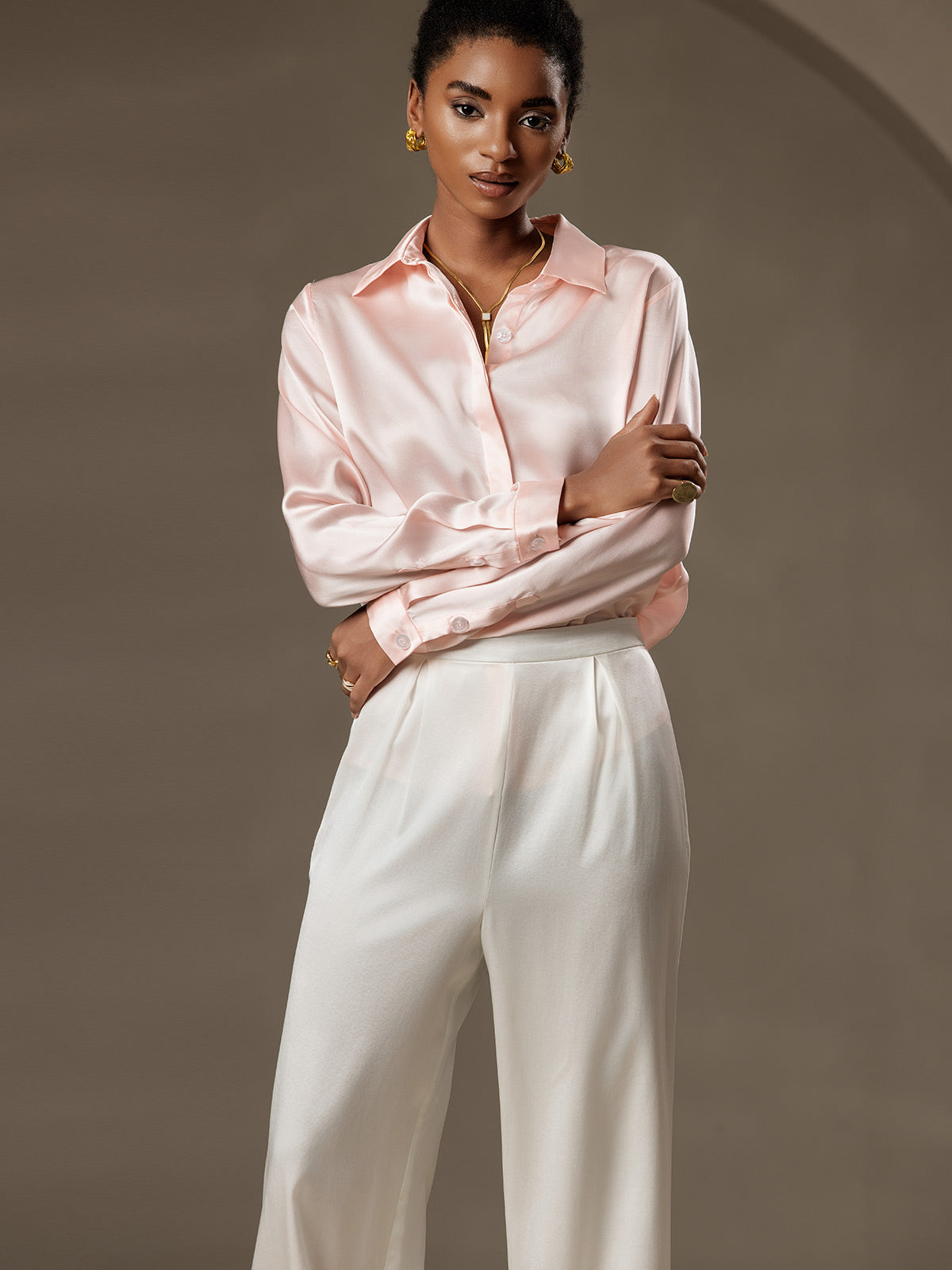 [Pink] SilkSilky-AU 19Momme Silk Lapel Collar Women's Shirt 006
