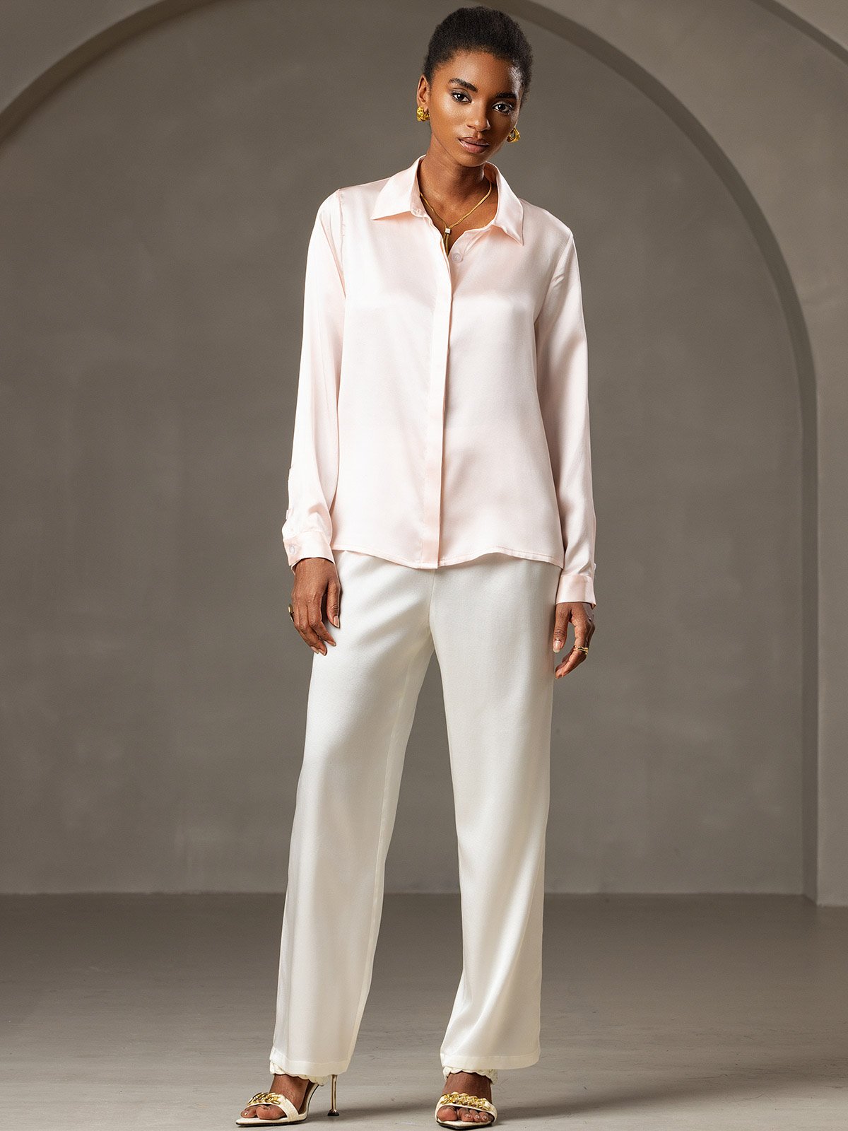 [Pink] SilkSilky-AU 19Momme Silk Lapel Collar Women's Shirt 007