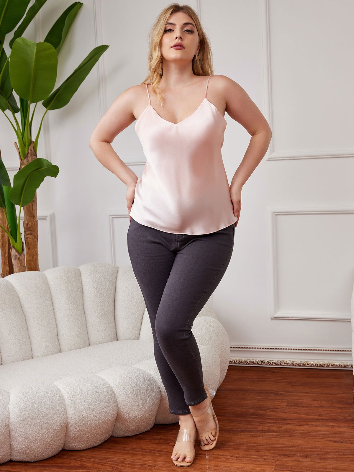 [Pink] SilkSilky-AU Pure Silk Deep V Neck Plus Size Camisole Top 004