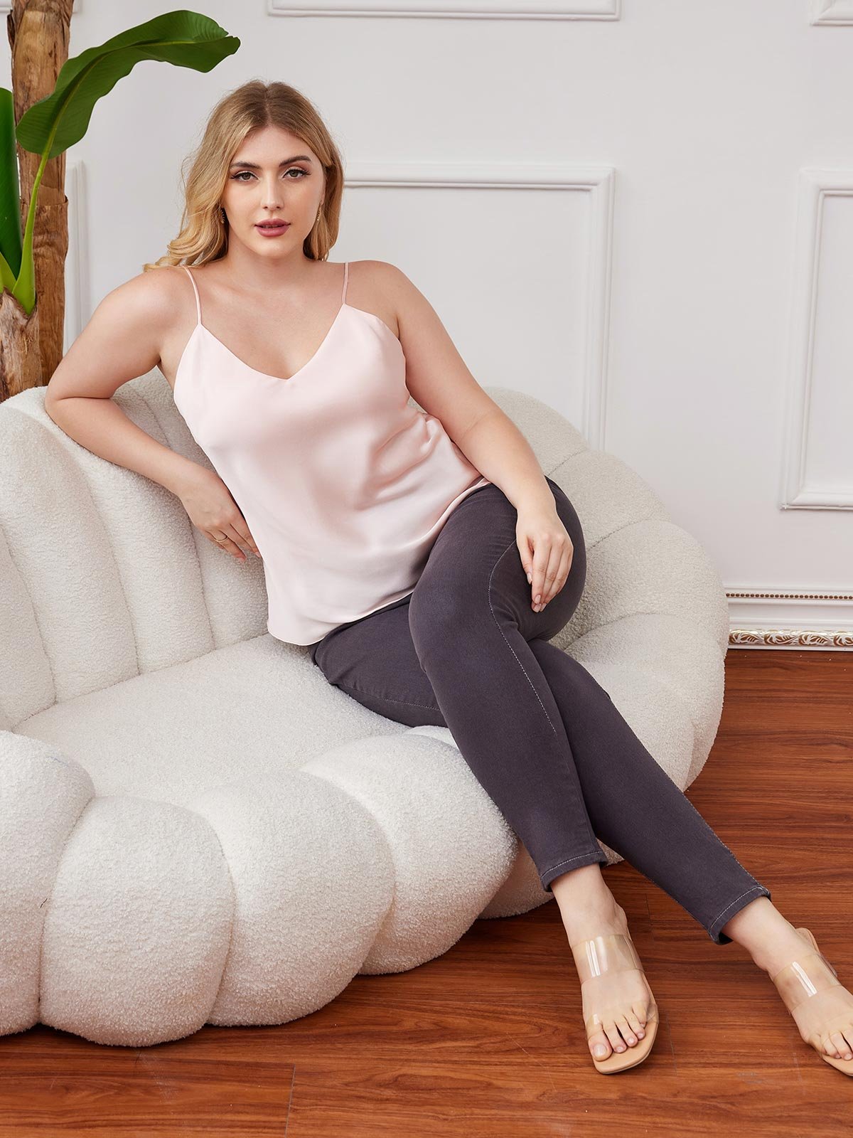 [Pink] SilkSilky-AU Pure Silk Deep V Neck Plus Size Camisole Top 005