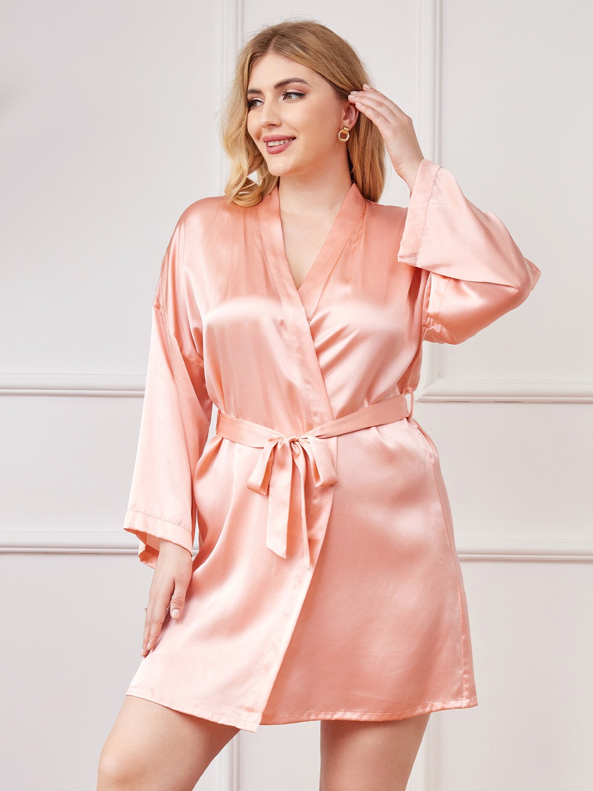 [Pink] SilkSilky-AU Pure Silk Long Sleeve Deep V Neck Plus Size Dressing Gown 003