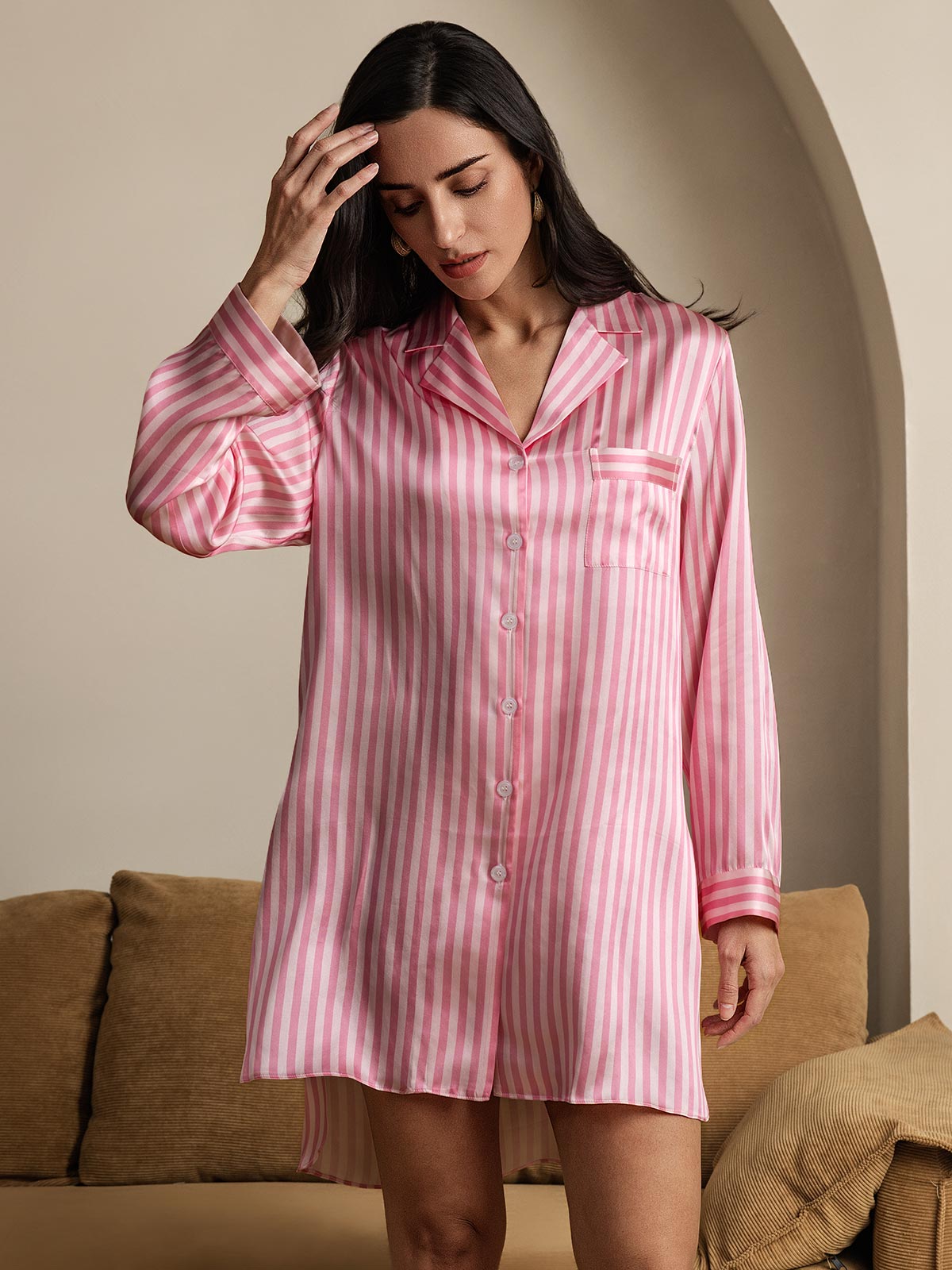 [Pink] SilkSilky-AU Pure Silk Long Sleeve Lapel Nightshirt 005