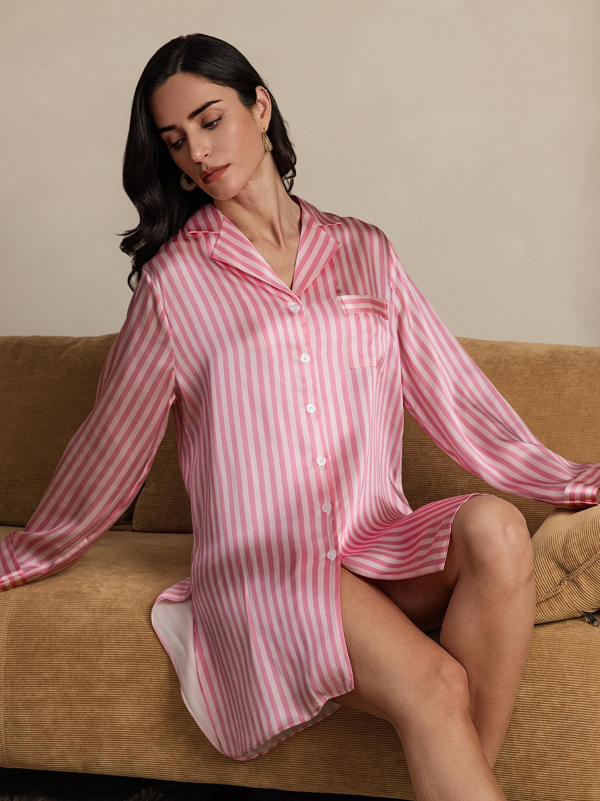 [Pink] SilkSilky-AU Pure Silk Long Sleeve Lapel Nightshirt 008