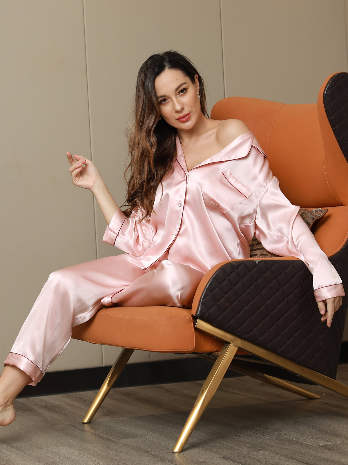 [Pink] SilkSilky-AU Pure Silk Long Sleeve Lapel Women's Pyjamas 001