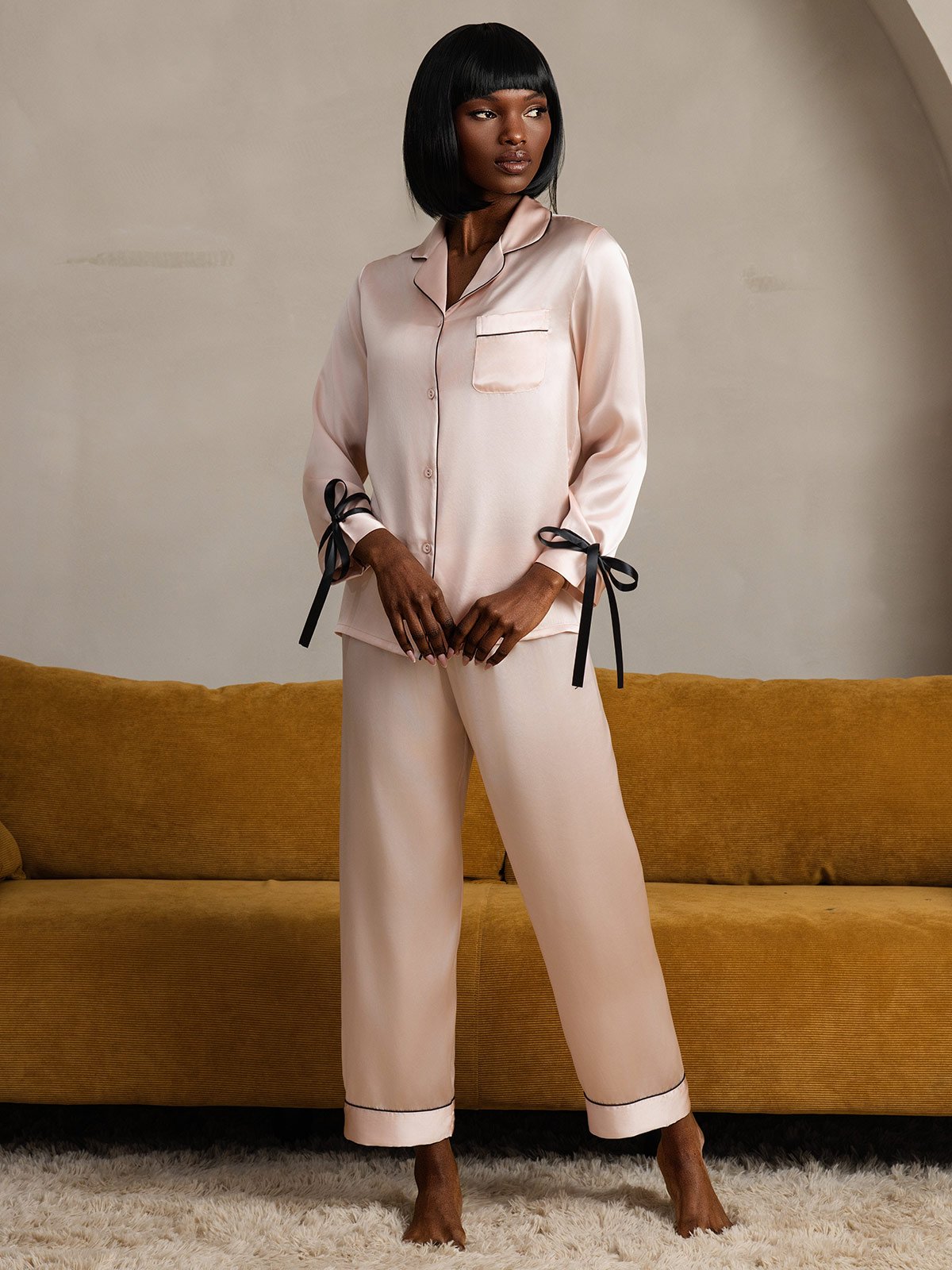 [Pink] SilkSilky-AU Pure Silk Long Sleeve Lapel Women's Pyjamas 004