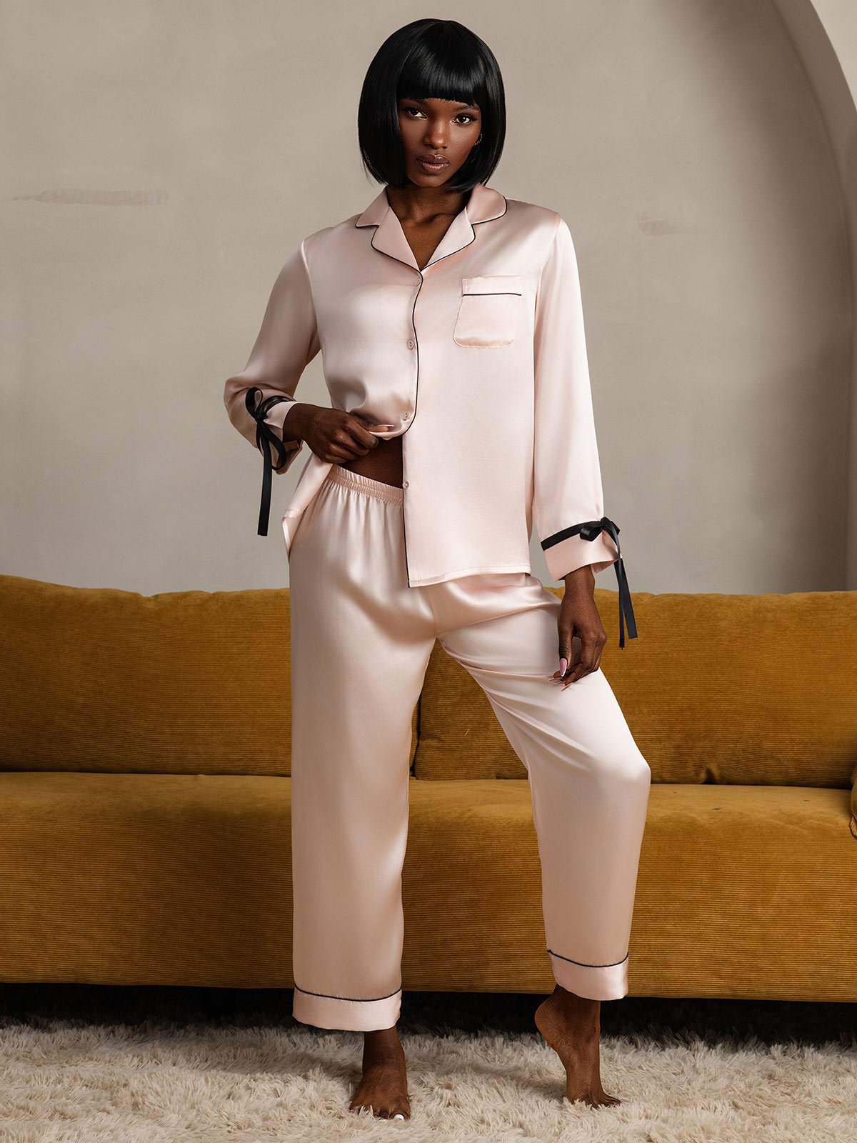 [Pink] SilkSilky-AU Pure Silk Long Sleeve Lapel Women's Pyjamas 005