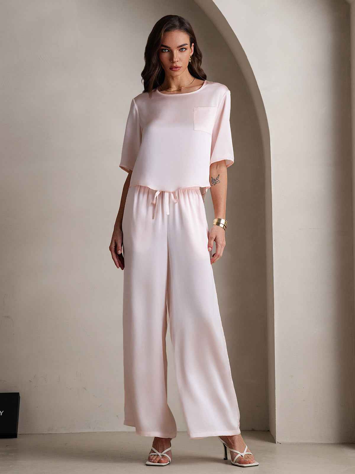 [Pink] SilkSilky-AU Pure Silk Round Neck Women's Pyjamas 001