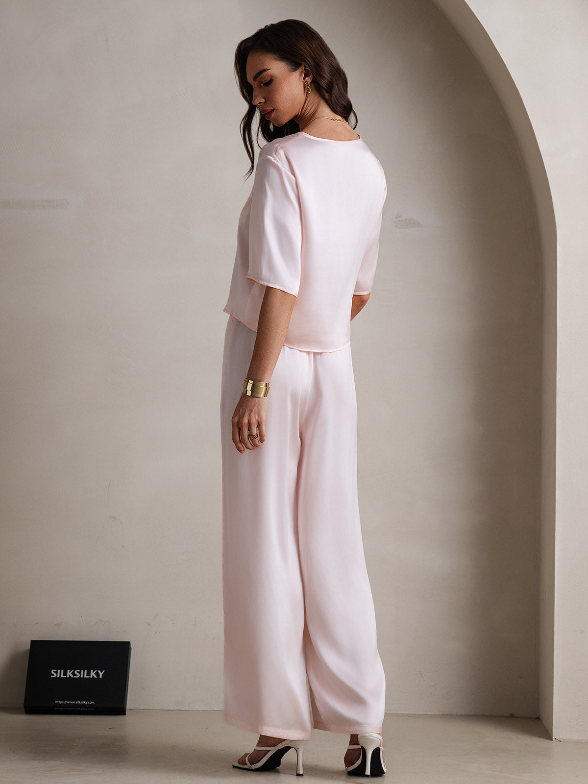 [Pink] SilkSilky-AU Pure Silk Round Neck Women's Pyjamas 002