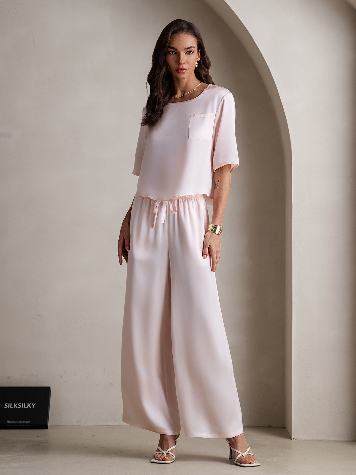 [Pink] SilkSilky-AU Pure Silk Round Neck Women's Pyjamas 003