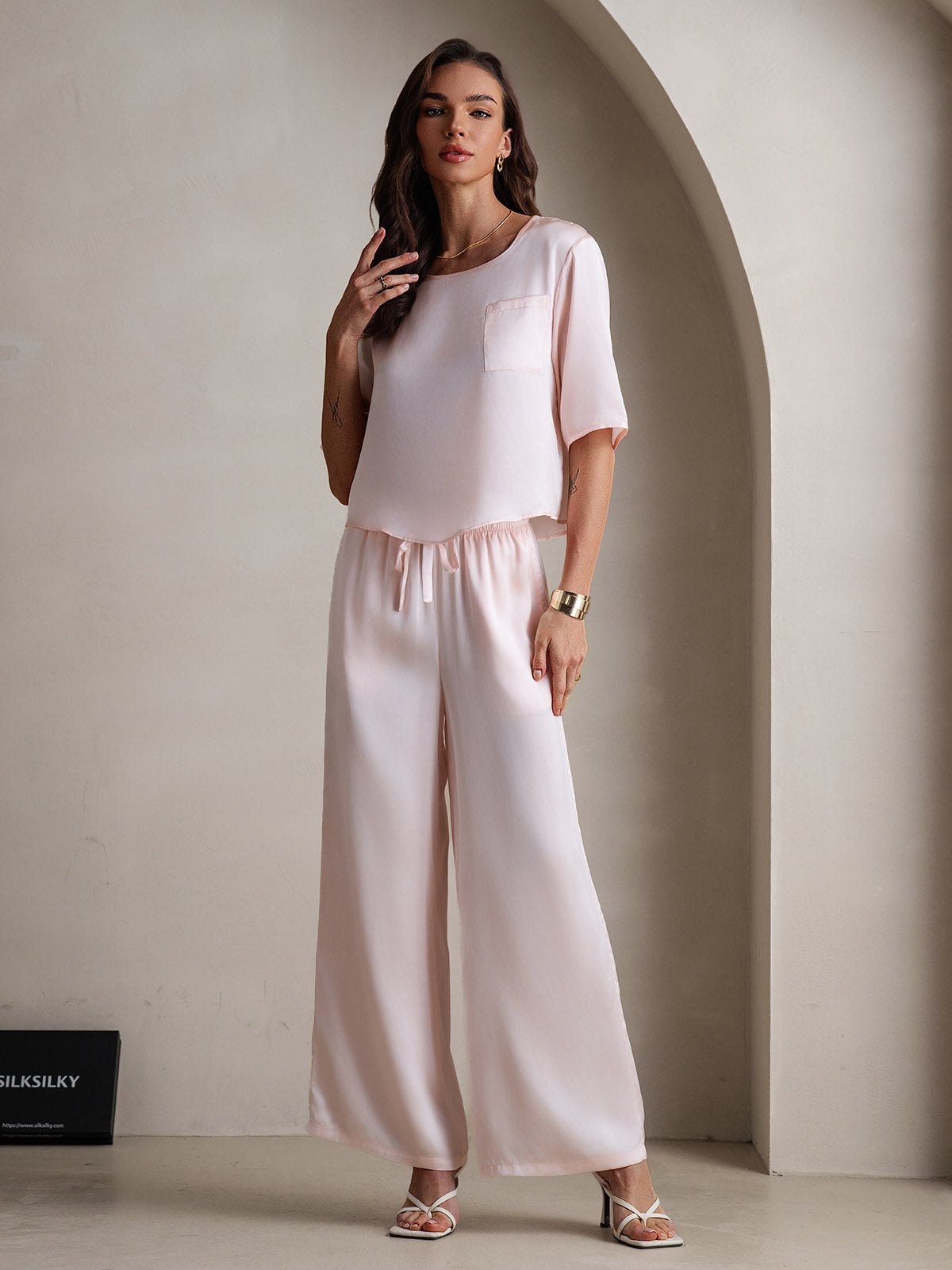 [Pink] SilkSilky-AU Pure Silk Round Neck Women's Pyjamas 004