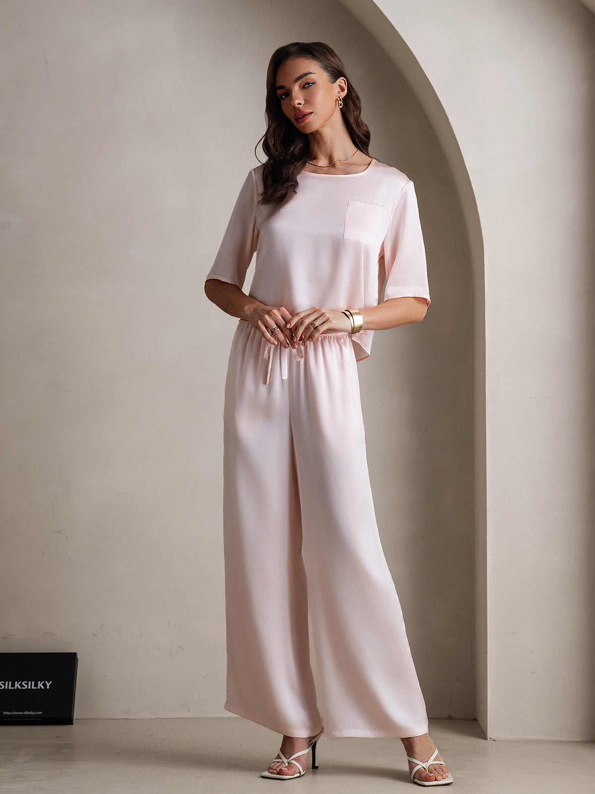 [Pink] SilkSilky-AU Pure Silk Round Neck Women's Pyjamas 005